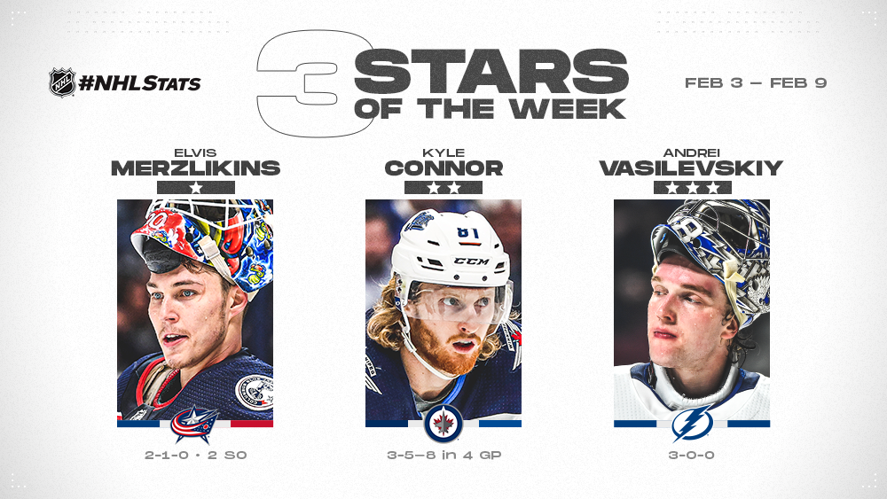 Merzlikins, Connor and Vasilevskiy Named NHL 'Three Stars' of the Week